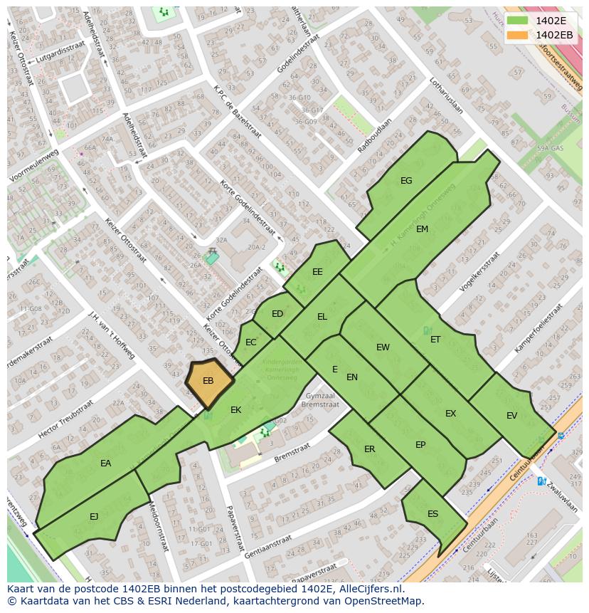 Afbeelding van het postcodegebied 1402 EB op de kaart.