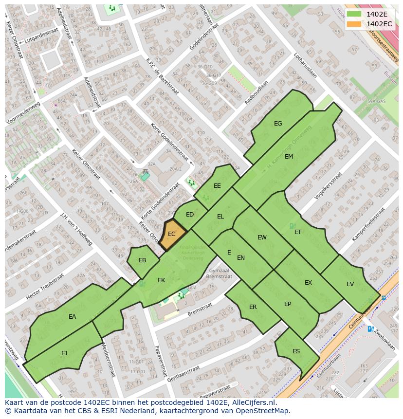 Afbeelding van het postcodegebied 1402 EC op de kaart.