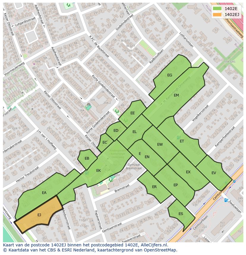 Afbeelding van het postcodegebied 1402 EJ op de kaart.