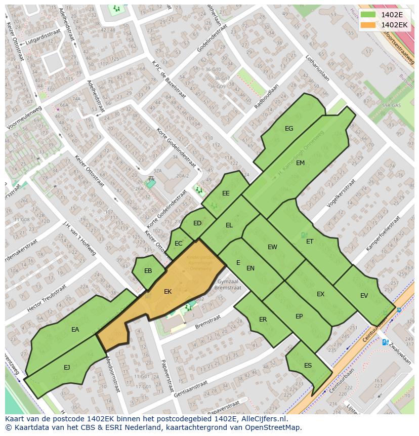 Afbeelding van het postcodegebied 1402 EK op de kaart.