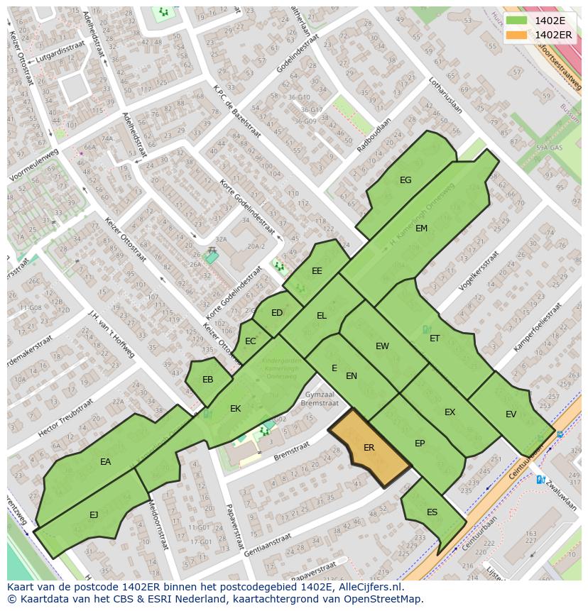 Afbeelding van het postcodegebied 1402 ER op de kaart.