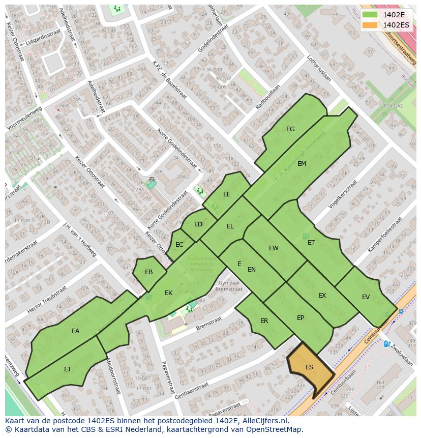 Afbeelding van het postcodegebied 1402 ES op de kaart.