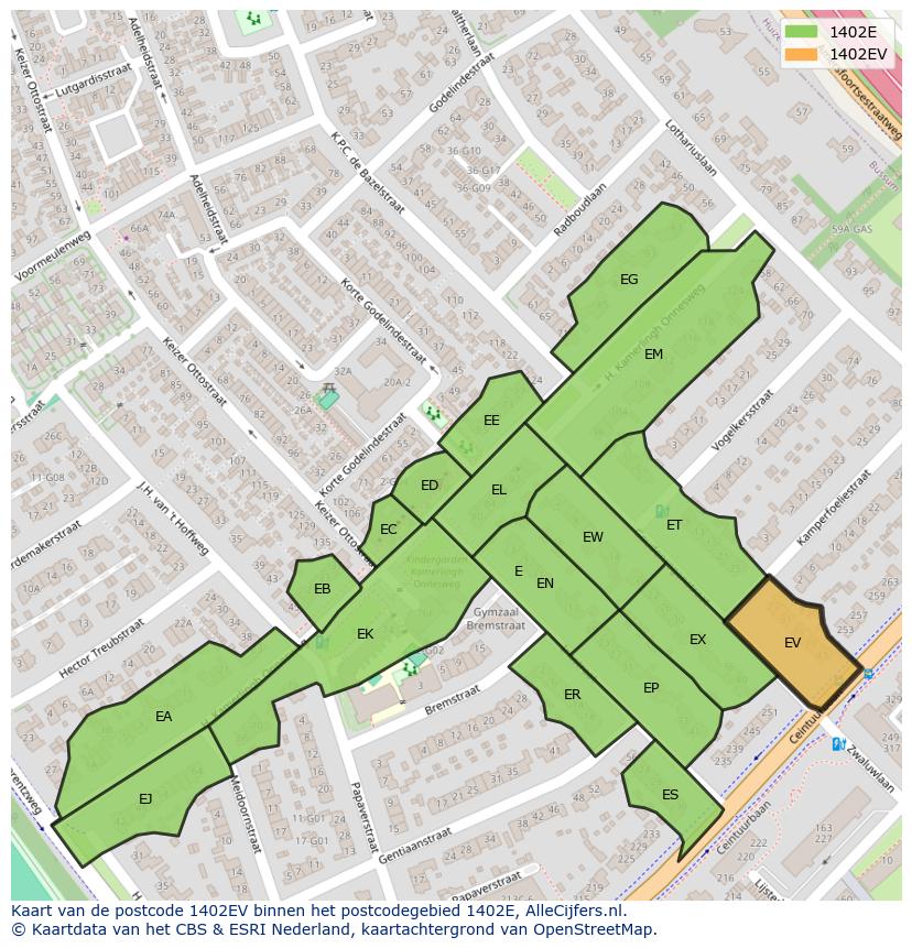 Afbeelding van het postcodegebied 1402 EV op de kaart.