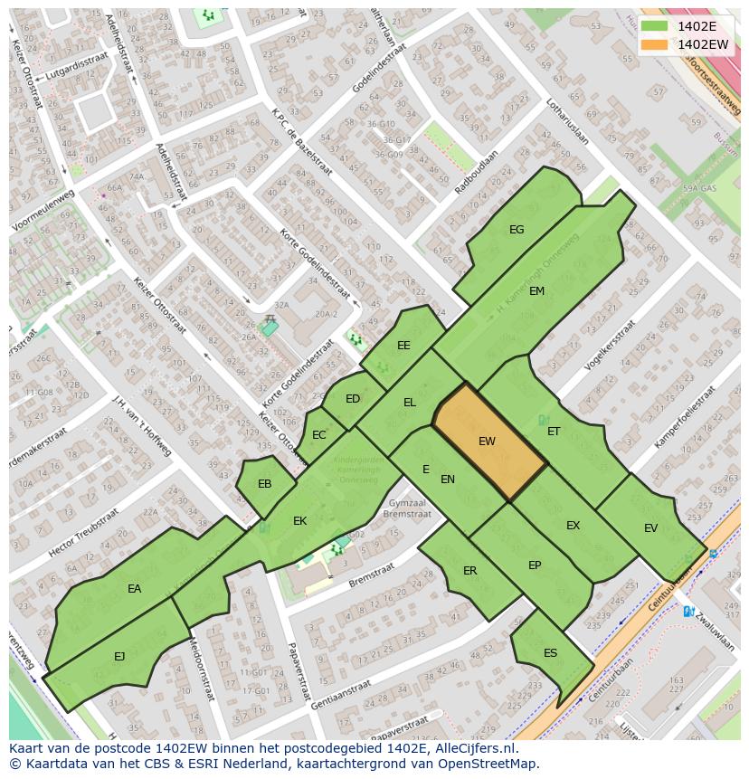 Afbeelding van het postcodegebied 1402 EW op de kaart.