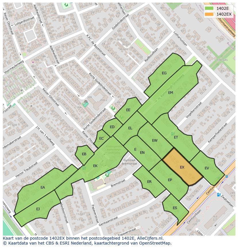 Afbeelding van het postcodegebied 1402 EX op de kaart.