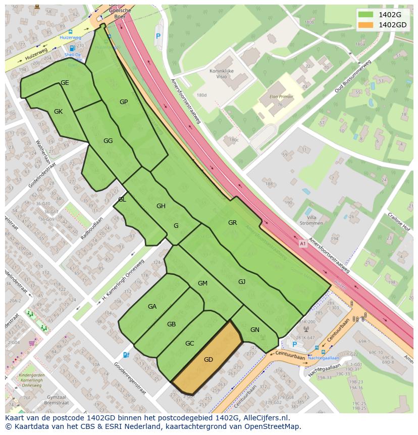 Afbeelding van het postcodegebied 1402 GD op de kaart.