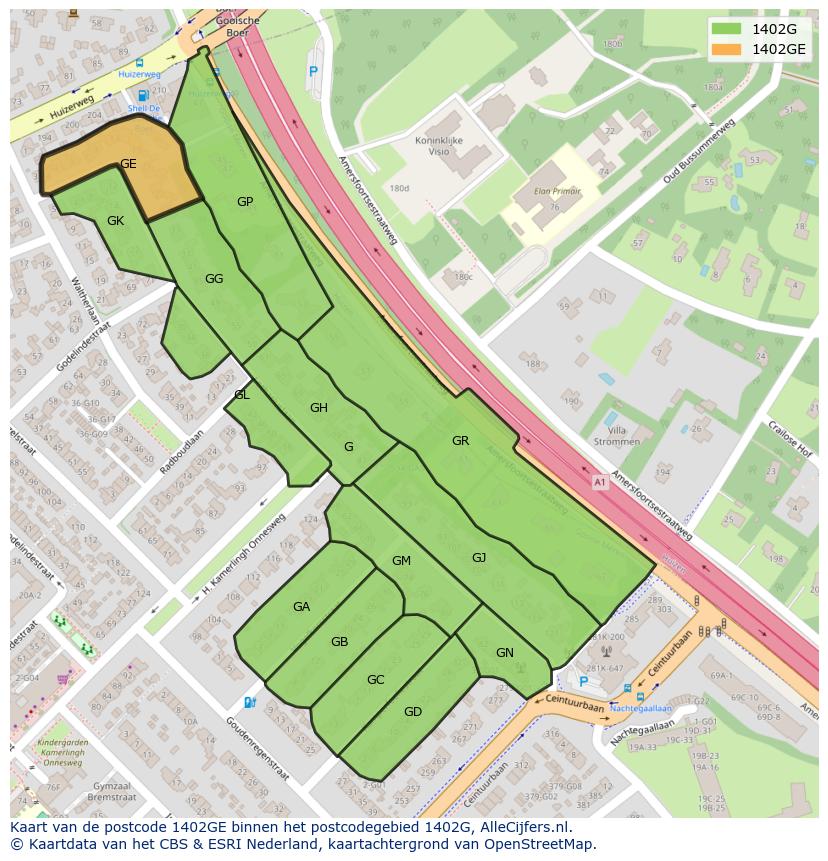 Afbeelding van het postcodegebied 1402 GE op de kaart.