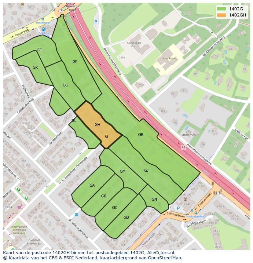 Afbeelding van het postcodegebied 1402 GH op de kaart.
