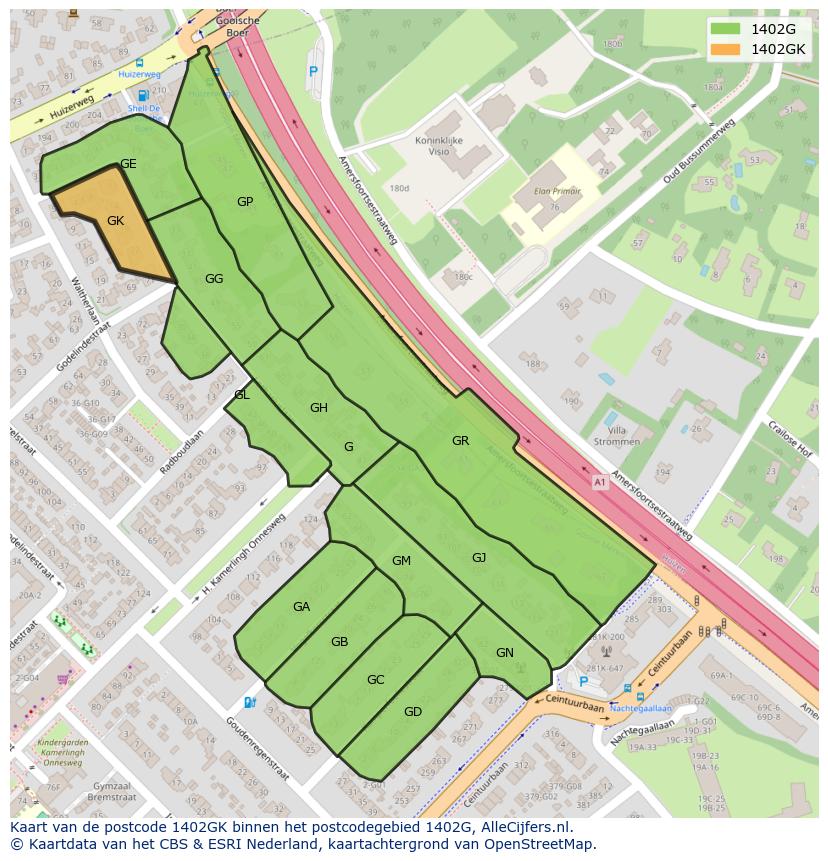 Afbeelding van het postcodegebied 1402 GK op de kaart.