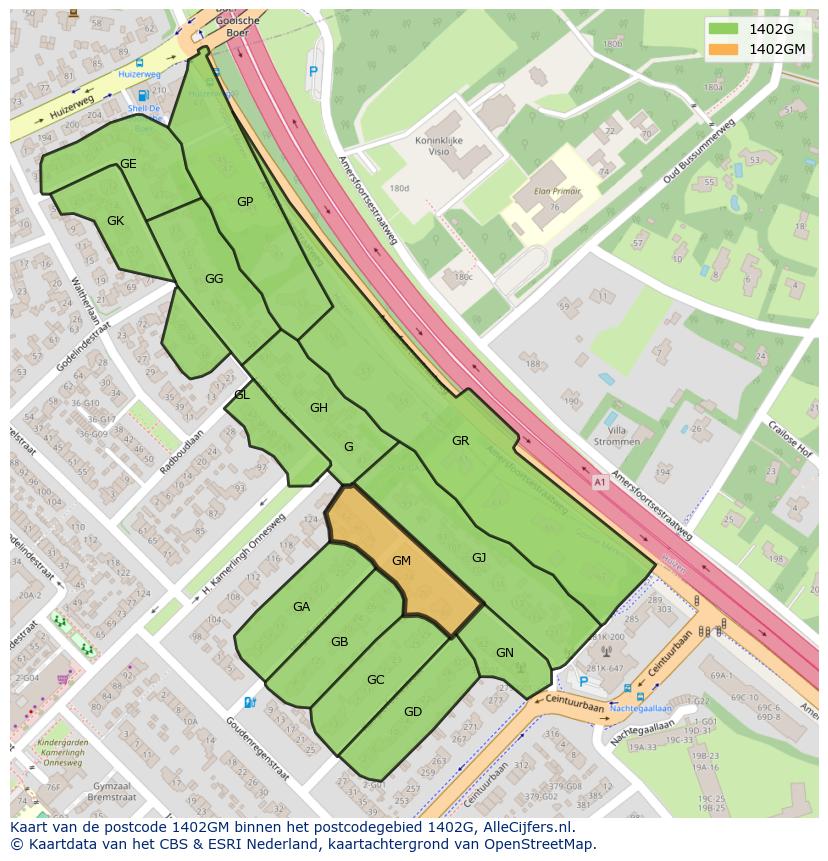 Afbeelding van het postcodegebied 1402 GM op de kaart.