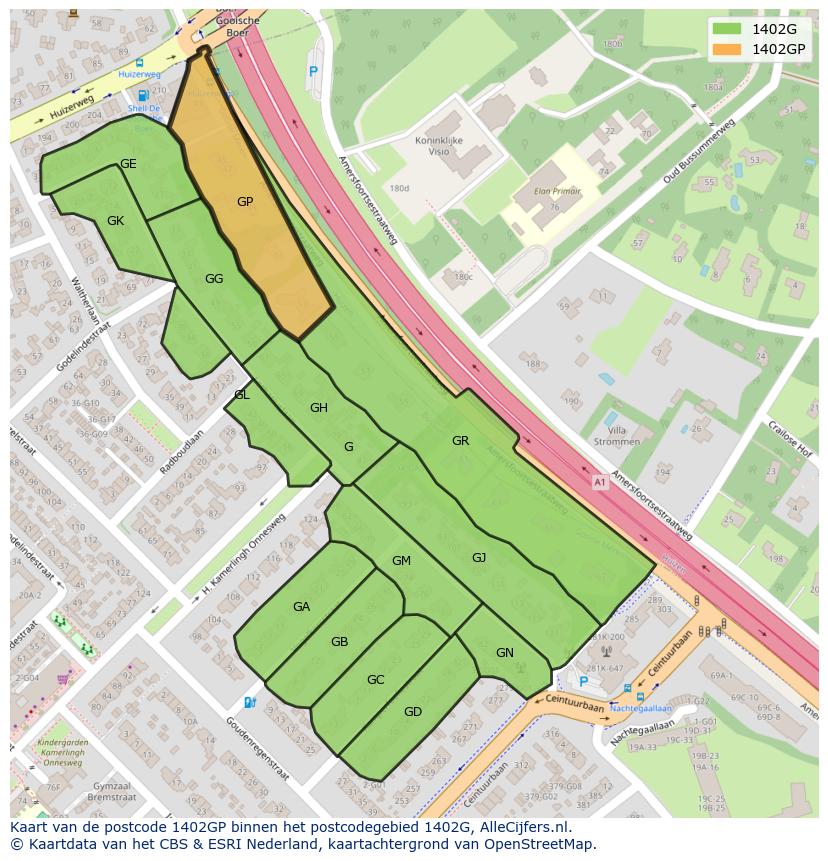 Afbeelding van het postcodegebied 1402 GP op de kaart.