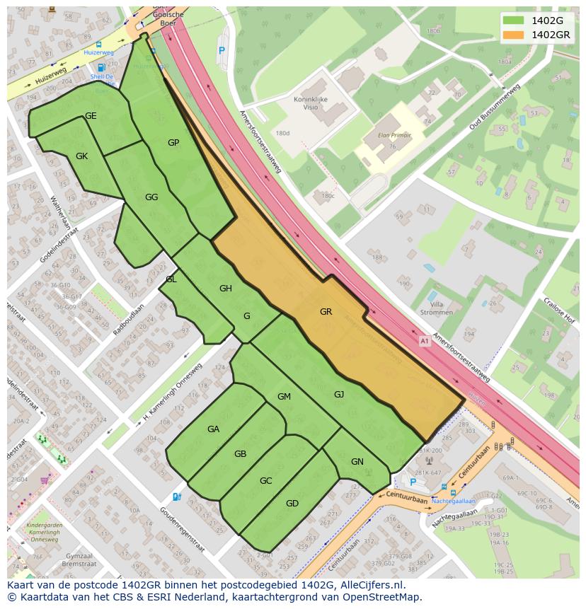 Afbeelding van het postcodegebied 1402 GR op de kaart.