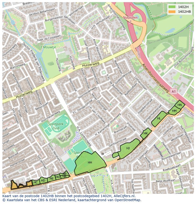 Afbeelding van het postcodegebied 1402 HB op de kaart.