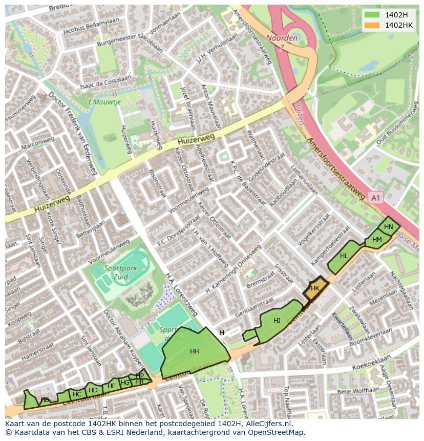 Afbeelding van het postcodegebied 1402 HK op de kaart.