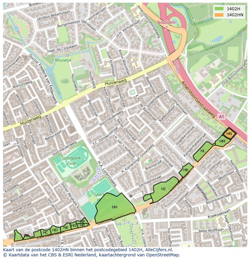 Afbeelding van het postcodegebied 1402 HN op de kaart.