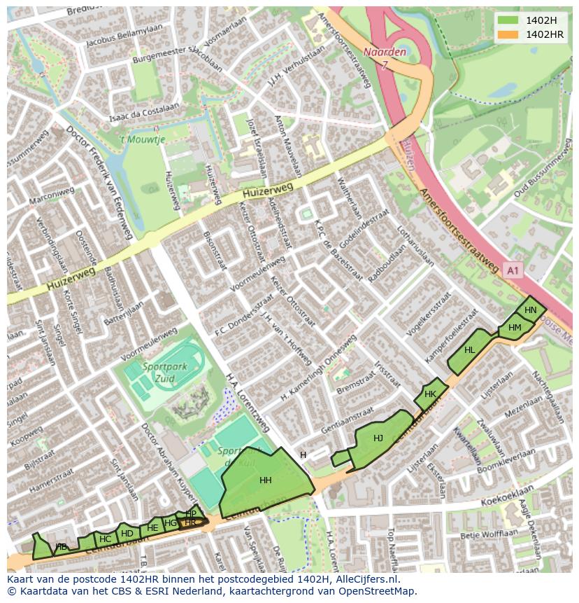 Afbeelding van het postcodegebied 1402 HR op de kaart.