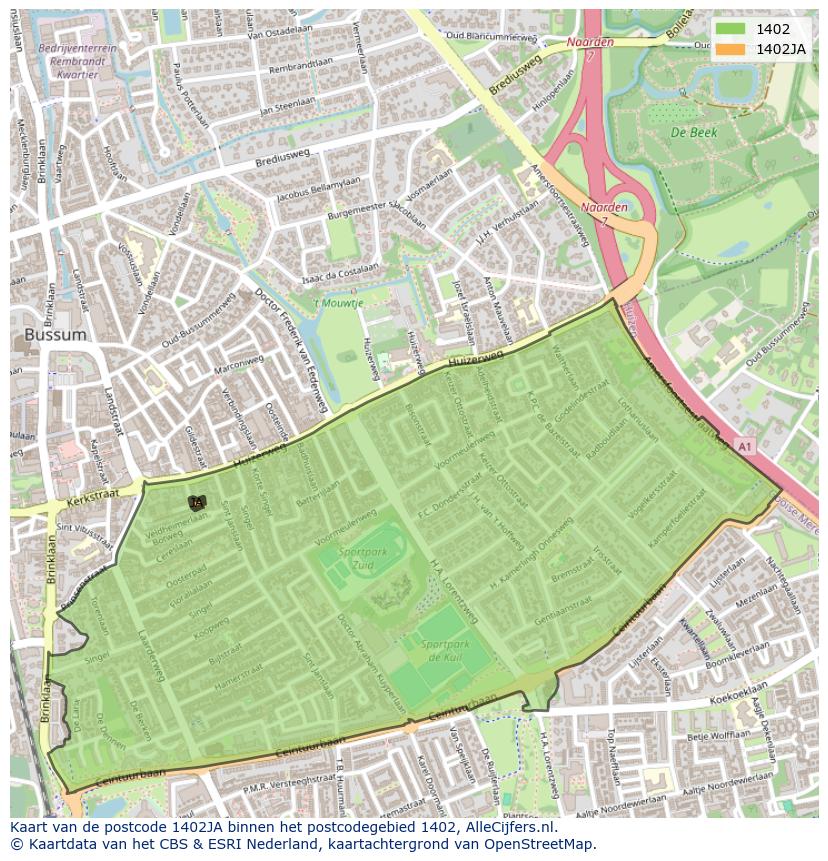 Afbeelding van het postcodegebied 1402 JA op de kaart.