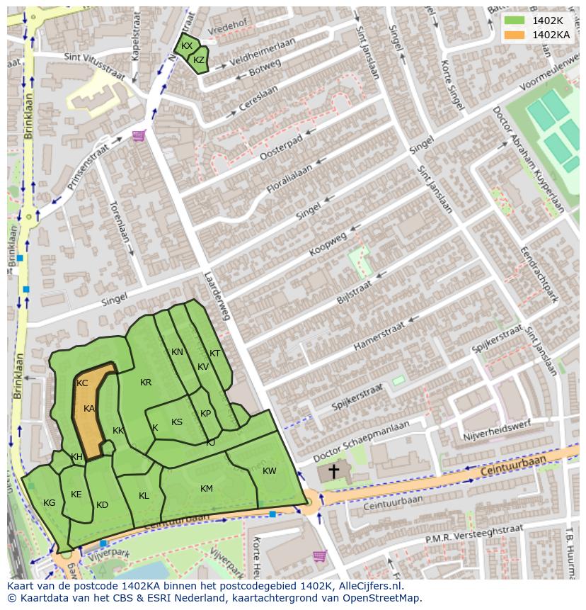 Afbeelding van het postcodegebied 1402 KA op de kaart.