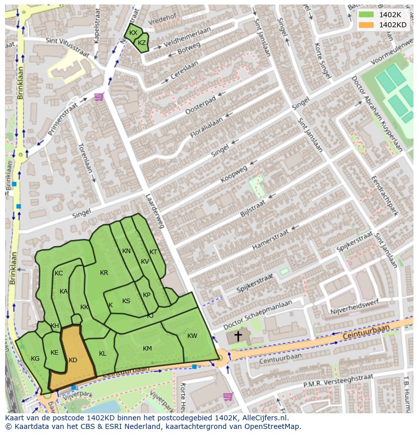 Afbeelding van het postcodegebied 1402 KD op de kaart.