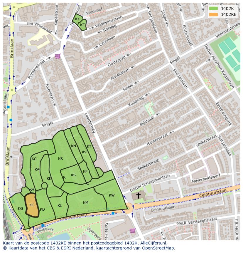 Afbeelding van het postcodegebied 1402 KE op de kaart.