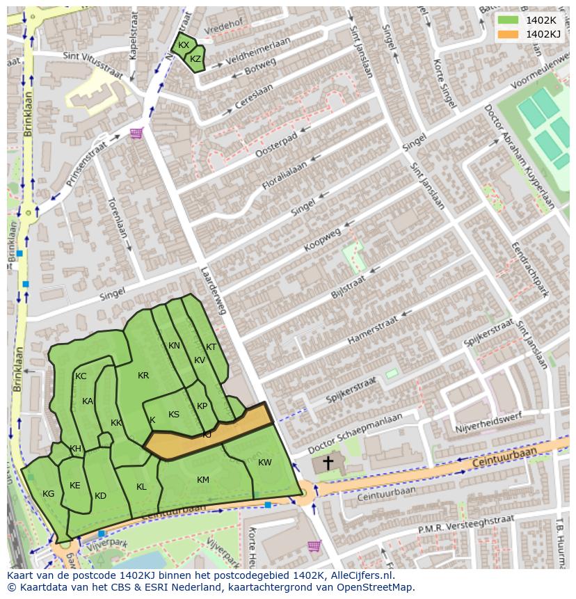 Afbeelding van het postcodegebied 1402 KJ op de kaart.