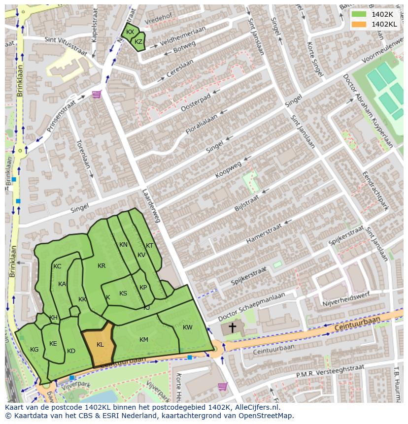 Afbeelding van het postcodegebied 1402 KL op de kaart.