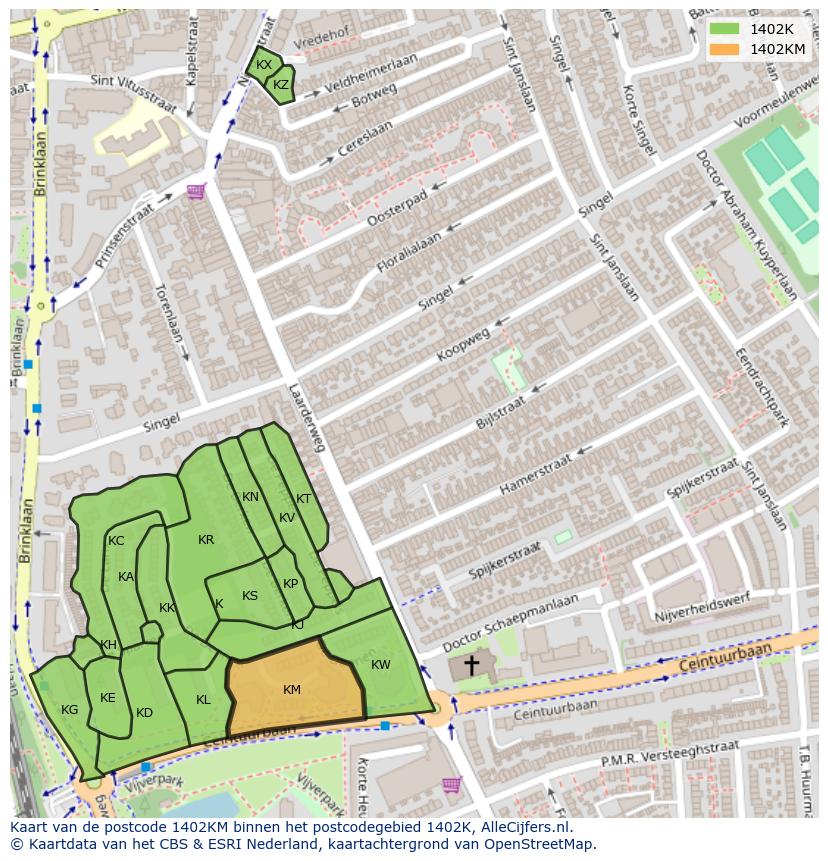 Afbeelding van het postcodegebied 1402 KM op de kaart.
