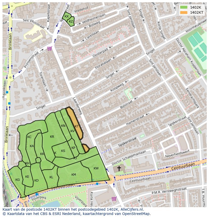 Afbeelding van het postcodegebied 1402 KT op de kaart.