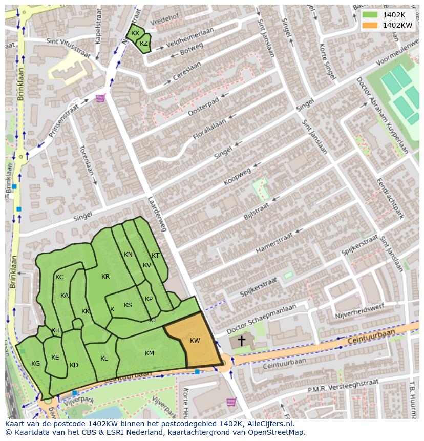 Afbeelding van het postcodegebied 1402 KW op de kaart.