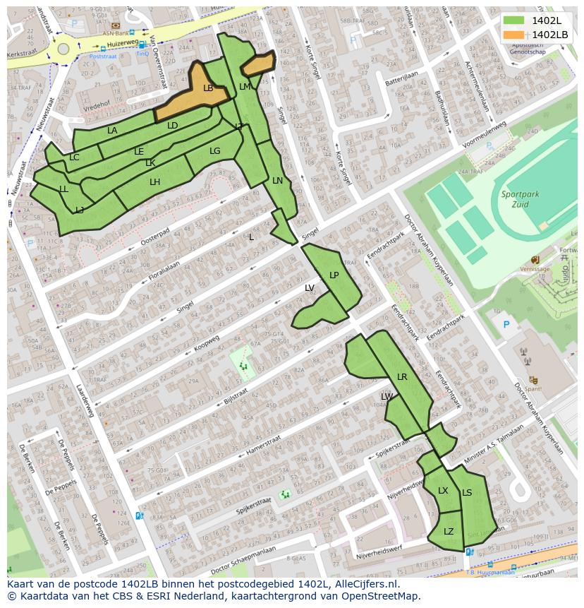 Afbeelding van het postcodegebied 1402 LB op de kaart.