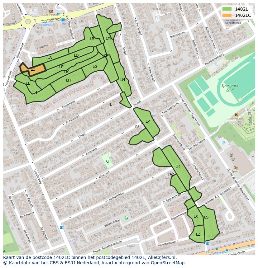 Afbeelding van het postcodegebied 1402 LC op de kaart.