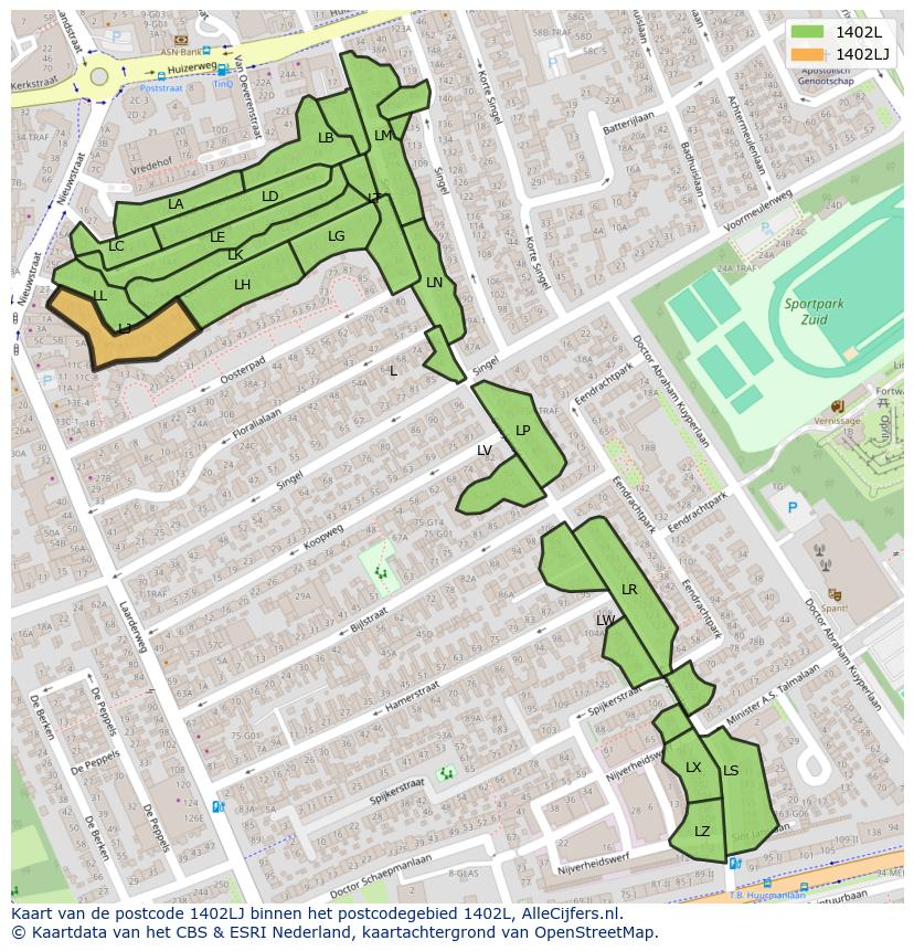 Afbeelding van het postcodegebied 1402 LJ op de kaart.