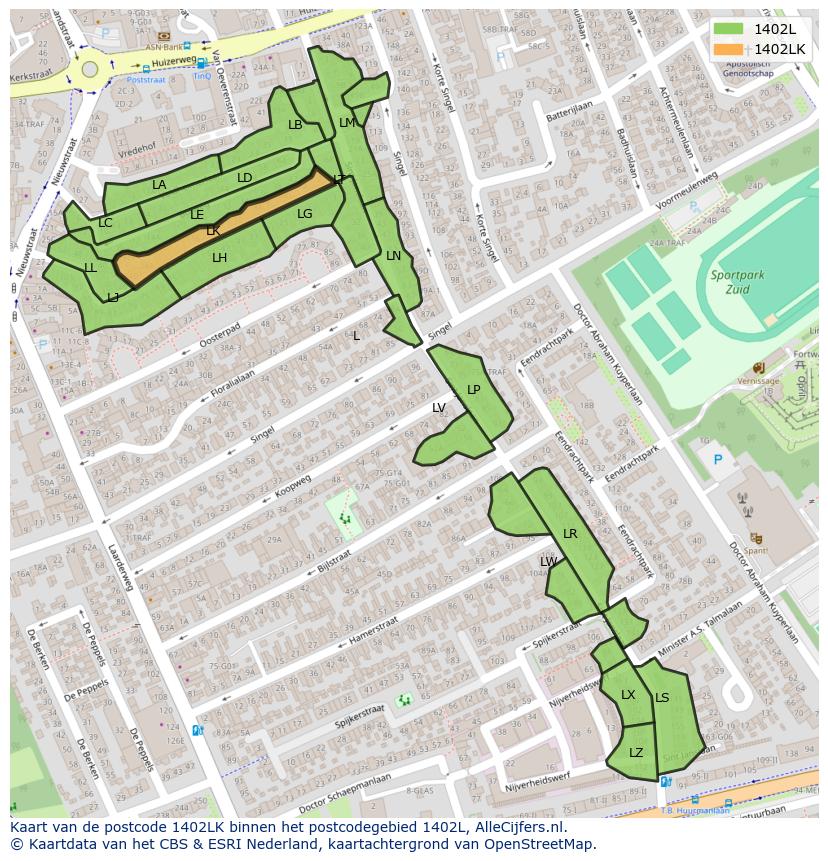 Afbeelding van het postcodegebied 1402 LK op de kaart.