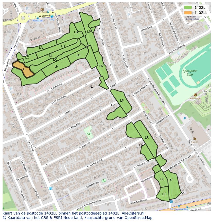 Afbeelding van het postcodegebied 1402 LL op de kaart.