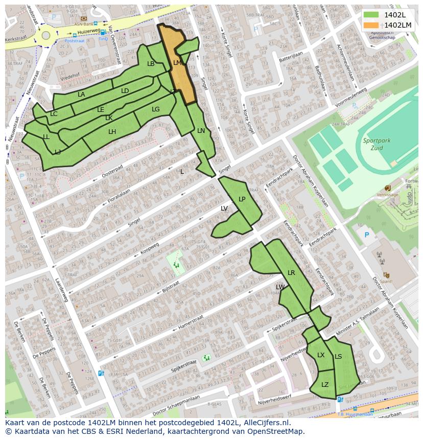 Afbeelding van het postcodegebied 1402 LM op de kaart.