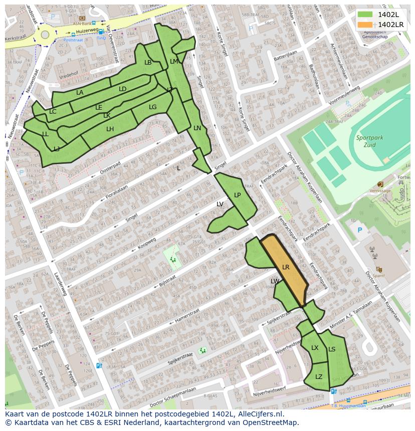 Afbeelding van het postcodegebied 1402 LR op de kaart.