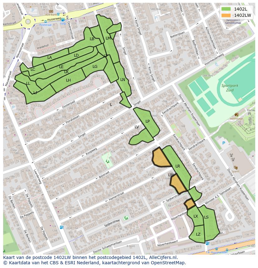 Afbeelding van het postcodegebied 1402 LW op de kaart.