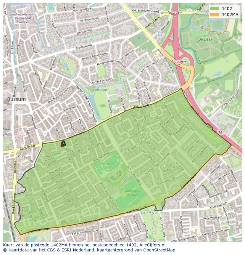 Afbeelding van het postcodegebied 1402 MA op de kaart.
