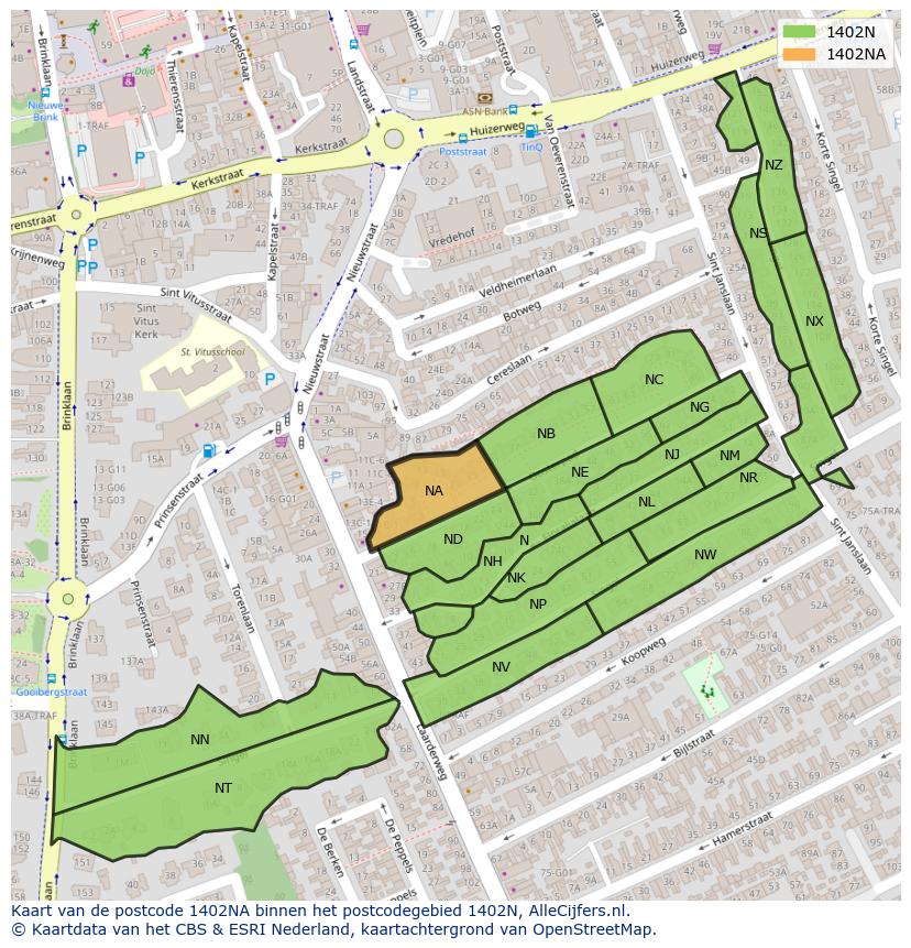 Afbeelding van het postcodegebied 1402 NA op de kaart.