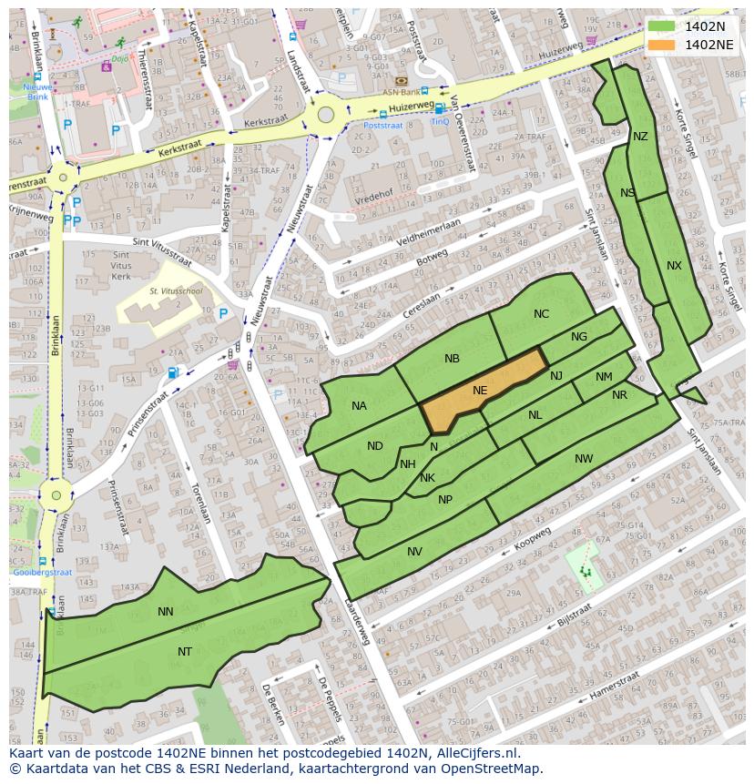 Afbeelding van het postcodegebied 1402 NE op de kaart.