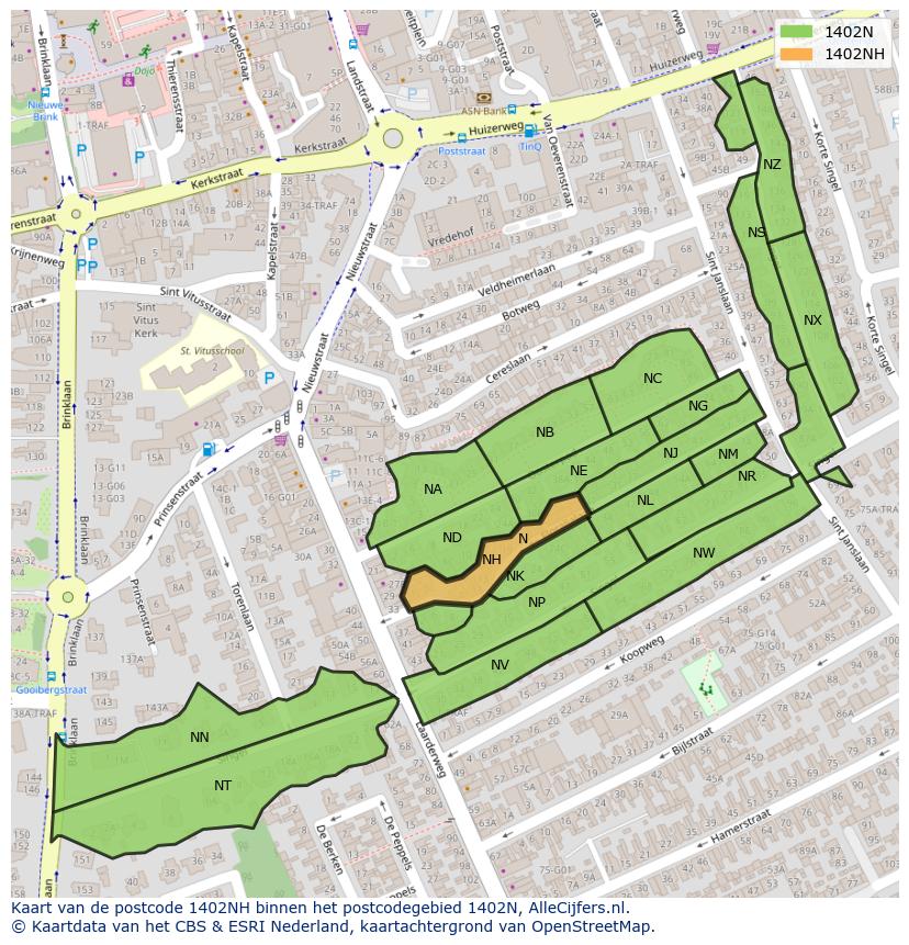 Afbeelding van het postcodegebied 1402 NH op de kaart.