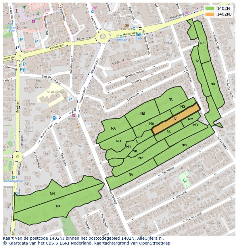 Afbeelding van het postcodegebied 1402 NJ op de kaart.