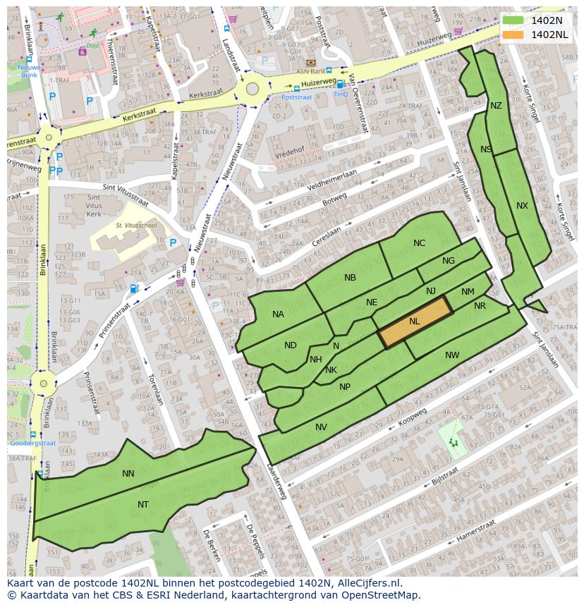 Afbeelding van het postcodegebied 1402 NL op de kaart.