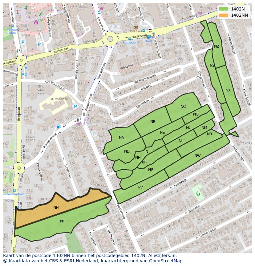 Afbeelding van het postcodegebied 1402 NN op de kaart.