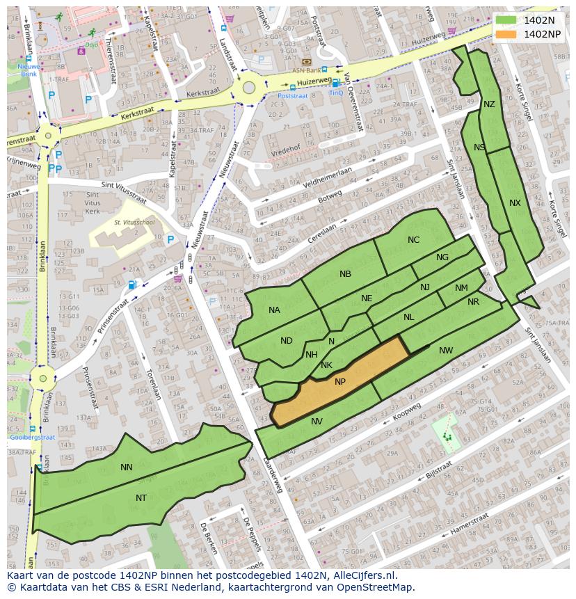 Afbeelding van het postcodegebied 1402 NP op de kaart.
