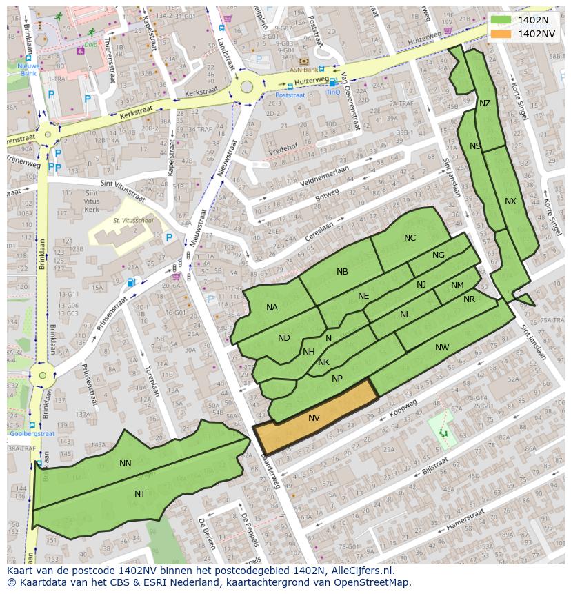 Afbeelding van het postcodegebied 1402 NV op de kaart.
