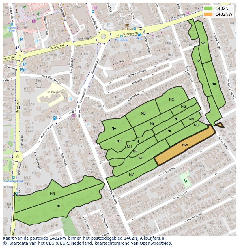 Afbeelding van het postcodegebied 1402 NW op de kaart.