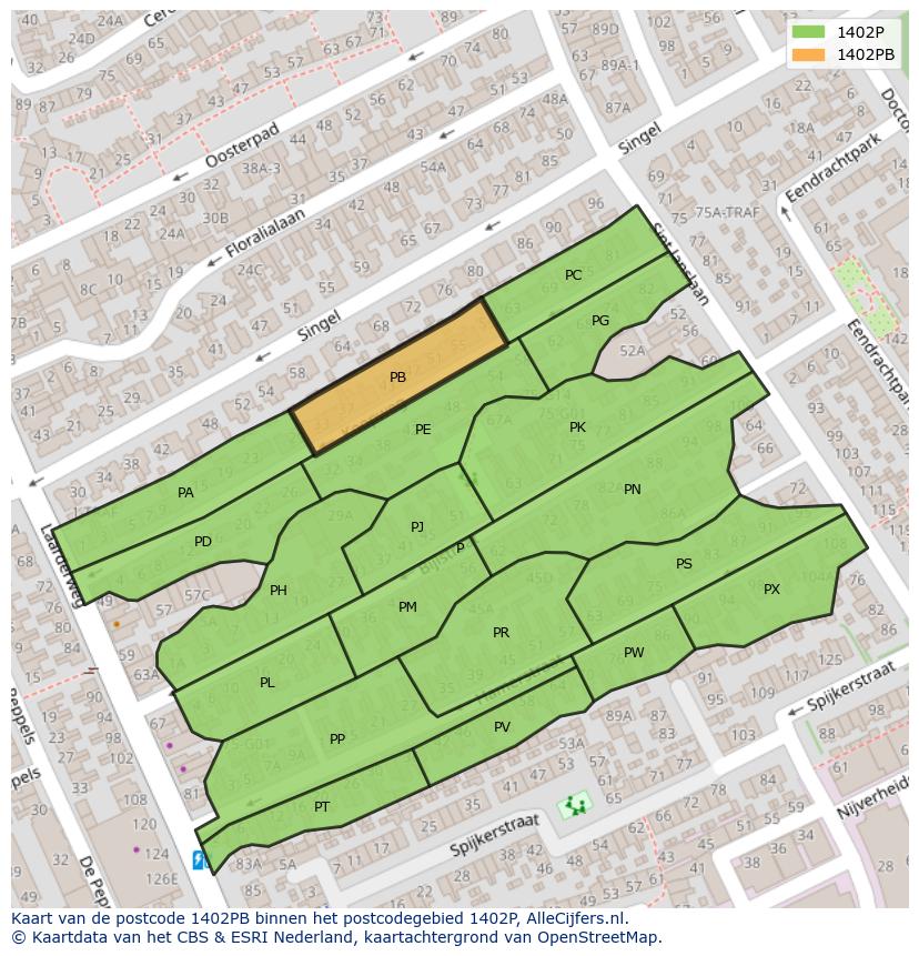 Afbeelding van het postcodegebied 1402 PB op de kaart.