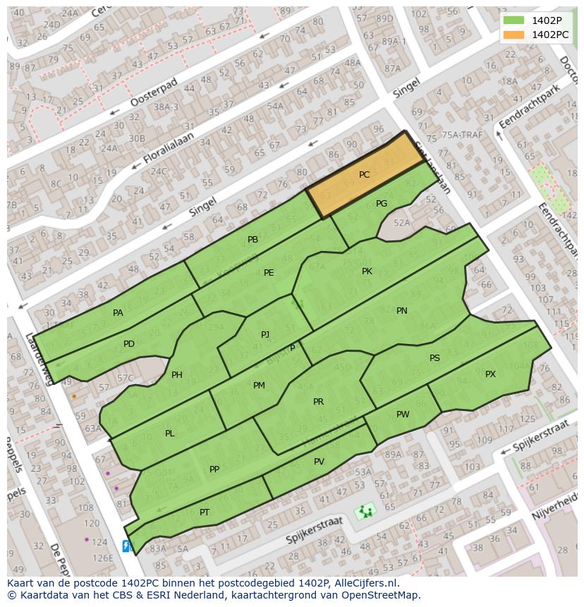 Afbeelding van het postcodegebied 1402 PC op de kaart.