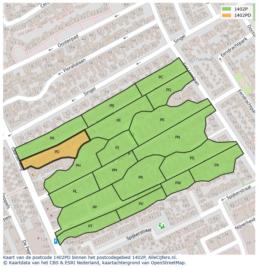 Afbeelding van het postcodegebied 1402 PD op de kaart.